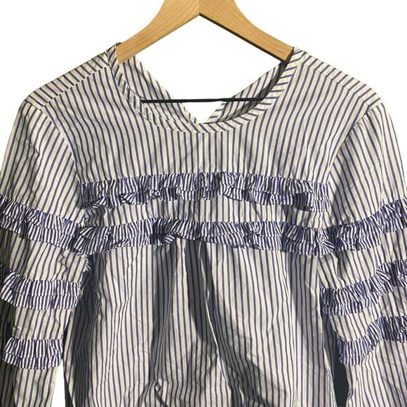 J.Crew Tiered Top in Mixed Stripes Brunswick Blue Ruffle Sleeves Size 6 G7012 - Picture 4 of 6